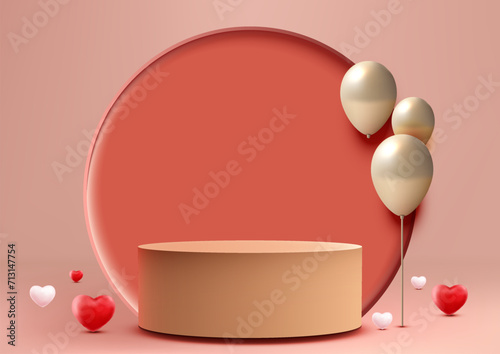 Elevate Your Valentine's Day Display, Modern 3D Podium Mockup with Hearts and Balloons