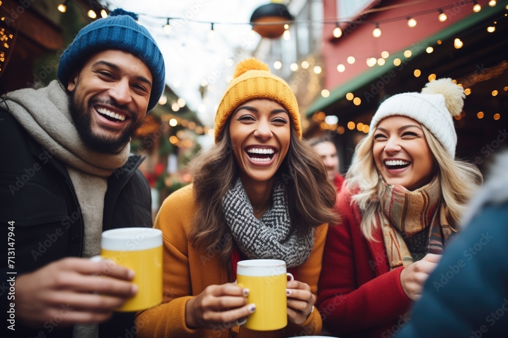 cheerful friends toasting with hot toddies, smiling cheerful friends toasting with hot toddies, smiling