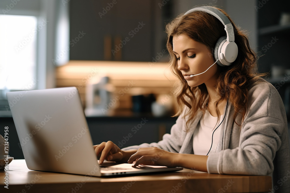 Serious young woman wearing headphones when watching documentary on laptop