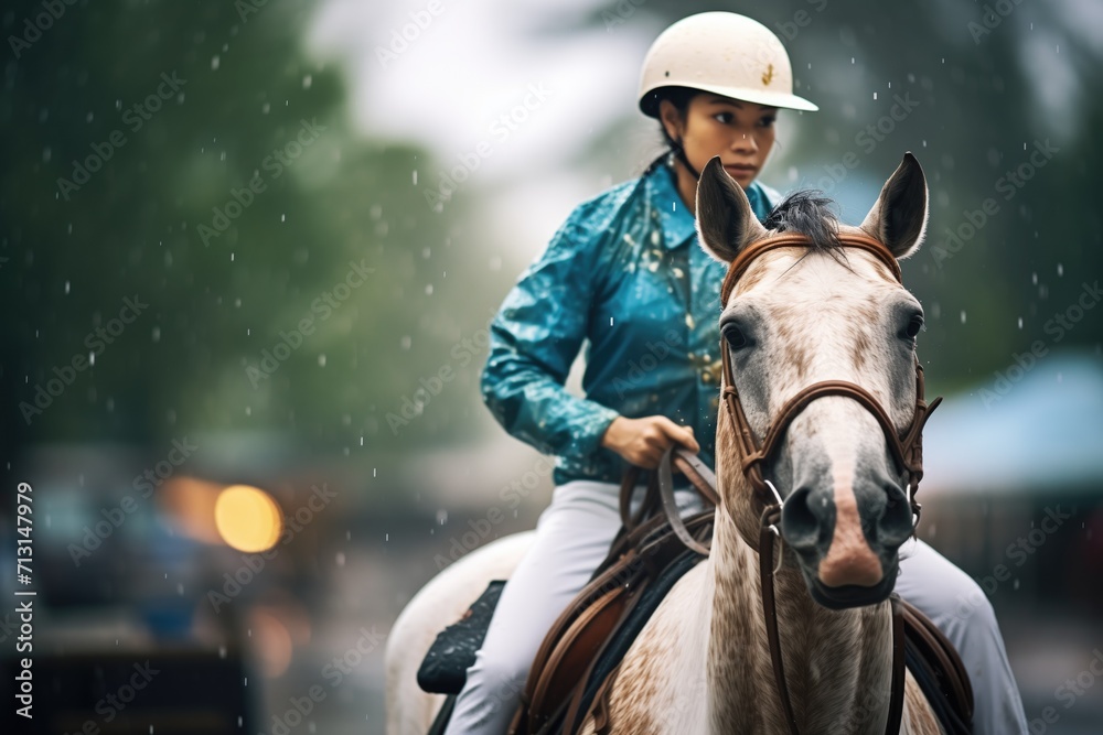 rainjacketclad rider on horse in rain