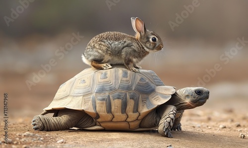 small bunny siting on the back of a tortoise.  photo