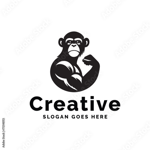 Mighty Ape Flexing Strength in Monochrome Logo Design 