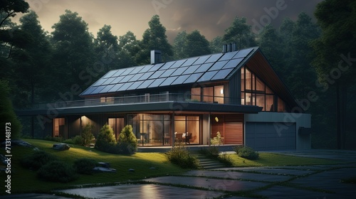 A contemporary home with a sleek solar panel roof nestled in a dense forest, illustrating modern sustainable living in a natural environment.