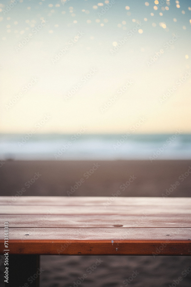 Wooden table ocean bokeh background, empty wood desk surface product display mockup with blurry sea water sunny beach abstract summer travel backdrop advertising presentation. Mock up, copy space. Wooden table ocean bokeh background, empty wood desk surface product display mockup with blurry sea water sunny beach abstract summer travel backdrop advertising presentation. Mock up, copy space.
