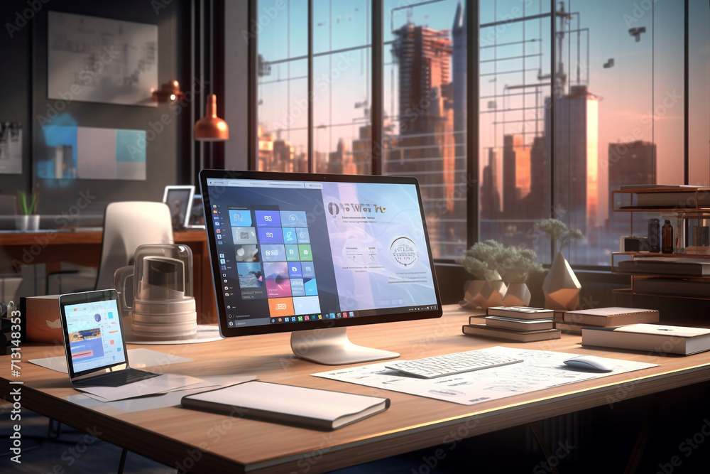 Office with modern devices and hand drawn project presentation 3D rendering Office with modern devices and hand drawn project presentation 3D rendering