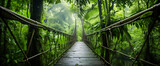 Mystical suspension bridge vanishing into misty tropical rainforest
