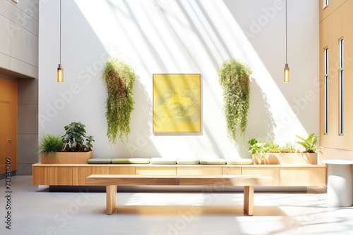 Fototapet sunlit atrium with vertical garden and minimalist benches