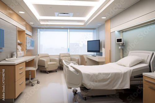 Patient room with hospital bed, healthcare, insurance and sickness concept. © Sunday Cat Studio