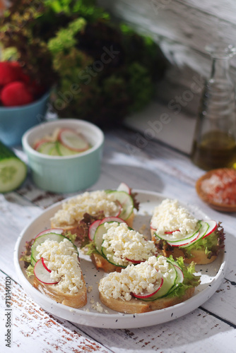A plate with sandwiches with cottage cheese, radish and cucumber in rustic style