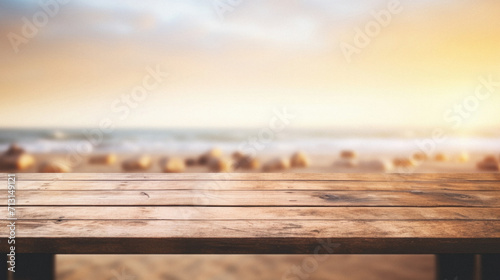 Wooden table ocean bokeh background, empty wood desk surface product display mockup with blurry sea water sunny beach abstract summer travel backdrop advertising presentation. Mock up, copy space.