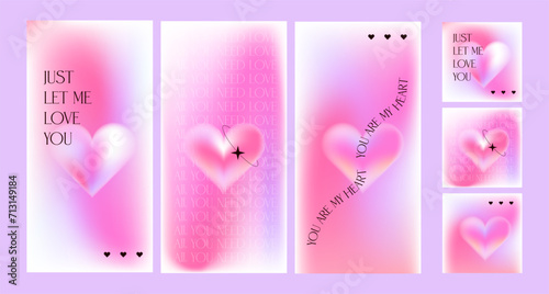 Happy Valentine's Day social media stories and covers template set in y2k minimalist style. Trendy aesthetic greeting cards with aura hearts, blurry gradient and typography. Vector eps10