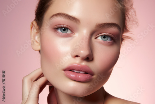 Pure Beauty: A Clean and Natural Portrait of a Young Caucasian Woman with Flawless Skin and Healthy Hair, Radiating Freshness and Attractiveness in a Stylish Pink Background.