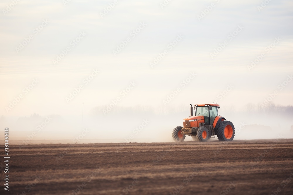 Obraz premium tractor idle in field with fog rising around