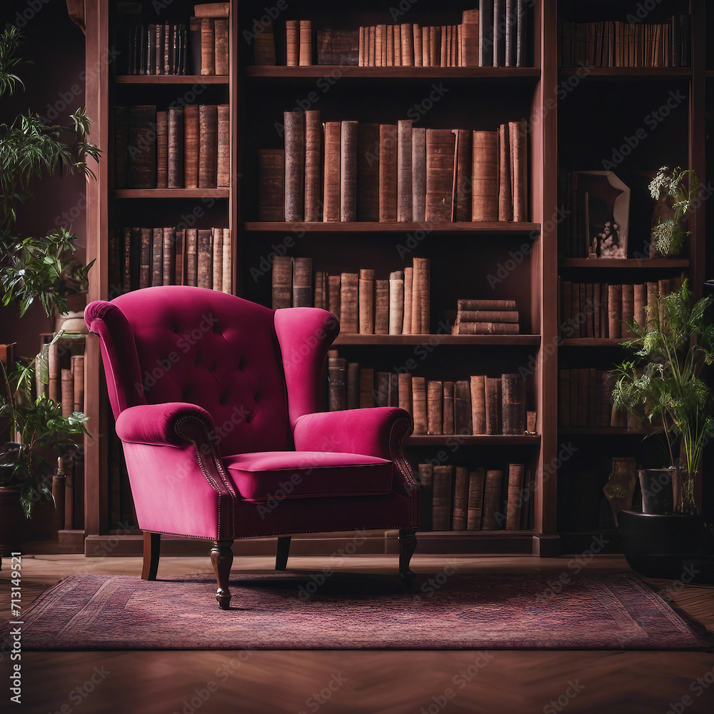 Arm chair in a room with book shelves Arm chair in a room with book shelves