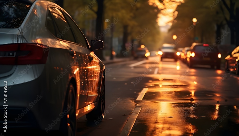 back light reflection for cars on a tree lined city street, in the style of photo-realistic landscapes, Generative AI.