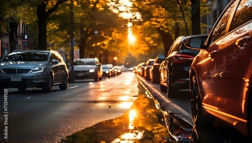 back light reflection for cars on a tree lined city street, in the style of photo-realistic landscapes, Generative AI. © KKOSHIL