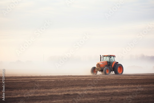 tractor idle in field with fog rising around photo