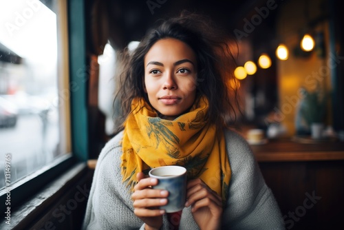 woman sipping latte, scarf and cozy sweater visible photo