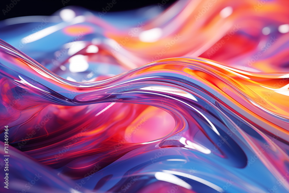 Abstract fluid 3d holographic iridescent neon glow curved wave in motion dark background. Gradient design for banners, backgrounds, wallpapers and covers. Generated AI Abstract fluid 3d holographic iridescent neon glow curved wave in motion dark background. Gradient design for banners, backgrounds, wallpapers and covers. Generated AI