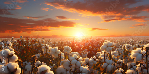 Cotton field at sunset. Beautiful natural landscape with cotton flowers,  photo