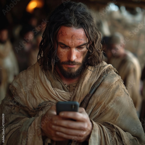 Modern, smartphone and Jesus with idea for religion, fantasy and spiritual networking with tech, believe and social media. crucifix, crown and good friday for catholic, christian and bible concept