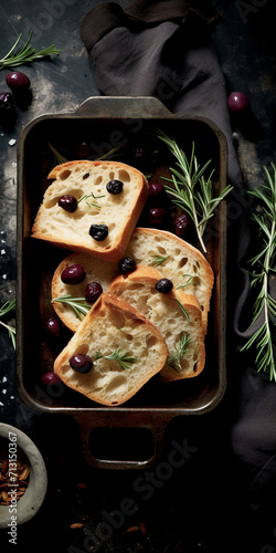 Form with slices of ciabatta with ciabatta, olives, rosemary, and salt and in olive oil, handmade design, rustic, unusual presentation, Italian cuisine. photo