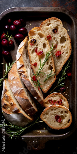 Form with slices of ciabatta with ciabatta, olives, rosemary, and salt and in olive oil, handmade design, rustic, unusual presentation, Italian cuisine. photo