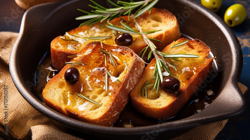 Form with slices of ciabatta with ciabatta, olives, rosemary, and salt and in olive oil, handmade design, rustic, unusual presentation, Italian cuisine. photo