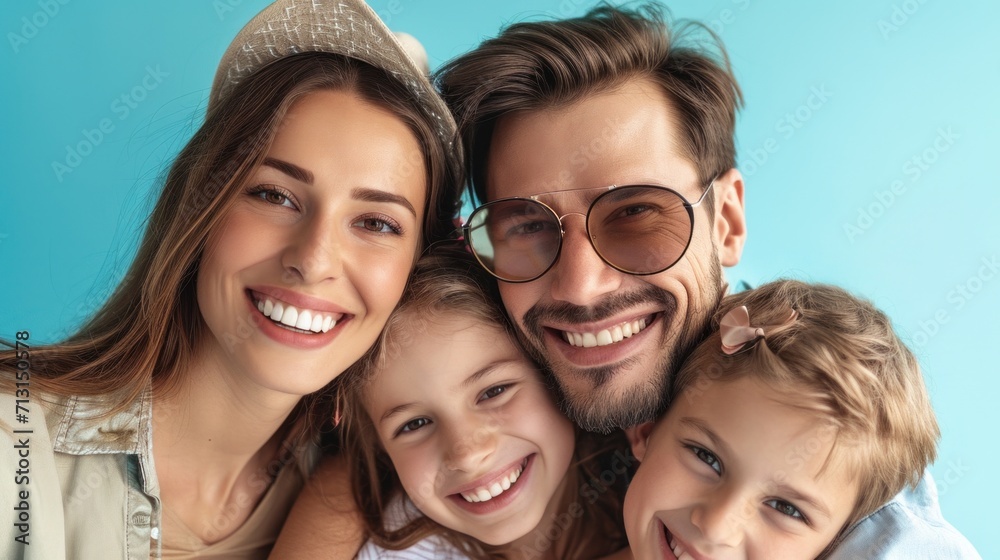 Happy family poses and smiles in a studio portrait. Happy family poses and smiles in a studio portrait.