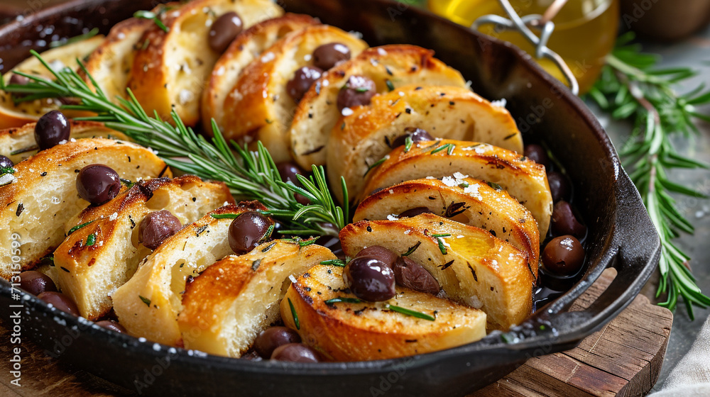 Form with slices of ciabatta with ciabatta, olives, rosemary, and salt and in olive oil, handmade design, rustic, unusual presentation, Italian cuisine. Form with slices of ciabatta with ciabatta, olives, rosemary, and salt and in olive oil, handmade design, rustic, unusual presentation, Italian cuisine.