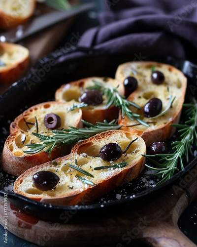 Form with slices of ciabatta with ciabatta, olives, rosemary, and salt and in olive oil, handmade design, rustic, unusual presentation, Italian cuisine. photo