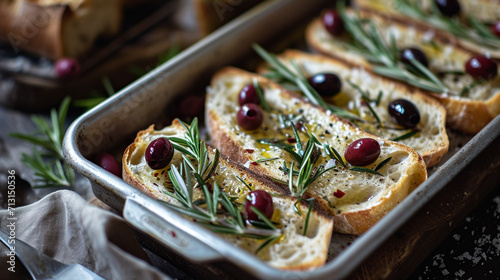 Form with slices of ciabatta with ciabatta, olives, rosemary, and salt and in olive oil, handmade design, rustic, unusual presentation, Italian cuisine. photo