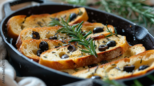 Form with slices of ciabatta with ciabatta, olives, rosemary, and salt and in olive oil, handmade design, rustic, unusual presentation, Italian cuisine.