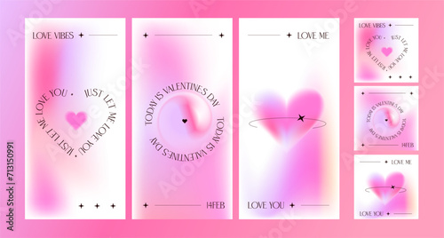 Modern social media design templates of Valentines day and Love card, banner, poster, cover set. Trendy minimalist aesthetic with blur gradients and typography, y2k romantic backgrounds. Vector eps10