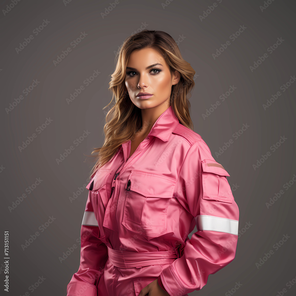 firewoman with pink clothes bomber, on a photo Studio background firewoman with pink clothes bomber, on a photo Studio background