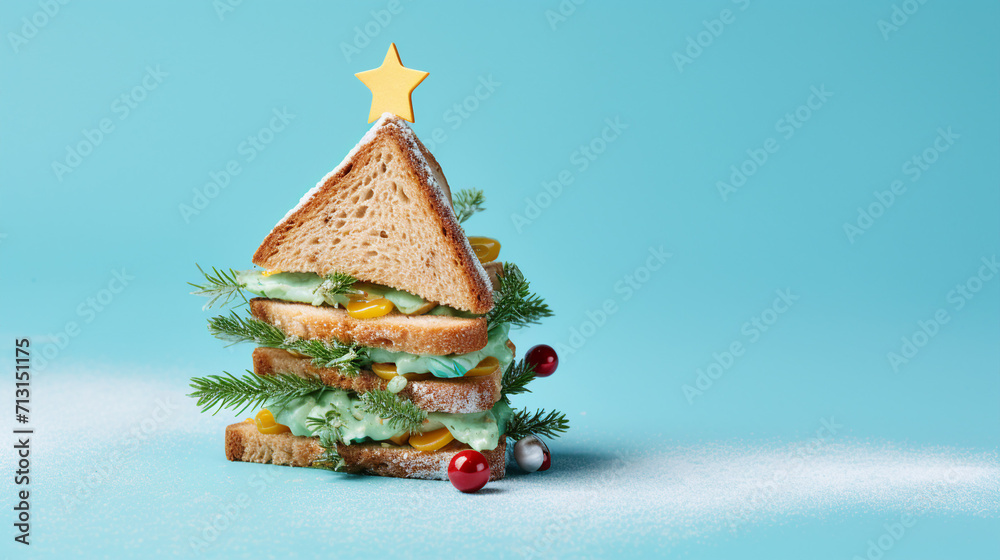 Stylish Christmas and New Year Celebrations: Creative Food Concept with Fir Branches and Festive Decorations on Pastel Blue Background - Minimalist Holiday Bliss