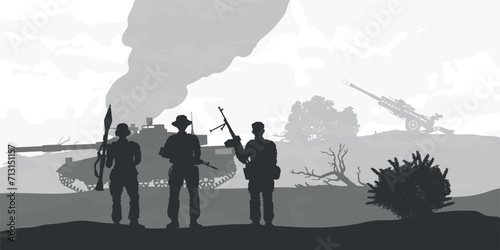 Battlefield scene. Soldier troop silhouette. War panorama with warriors, tank and artillery. Army friends portrait