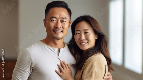 In the quietude of their domestic life, an Asian middle-aged couple shares a heartfelt embrace.