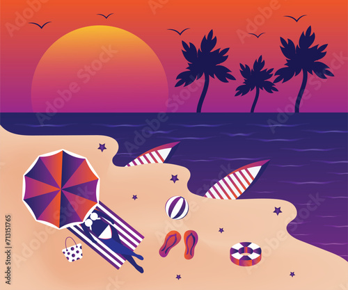 Beautiful sunset background on the beach with Woman sunbathes on a lounger