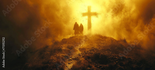 Background, christ and Jesus with devil, silhouette, and satan for spiritual temptation with passion, believe and sacrifice. Cross, clouds and good friday for catholic, christian and bible concept