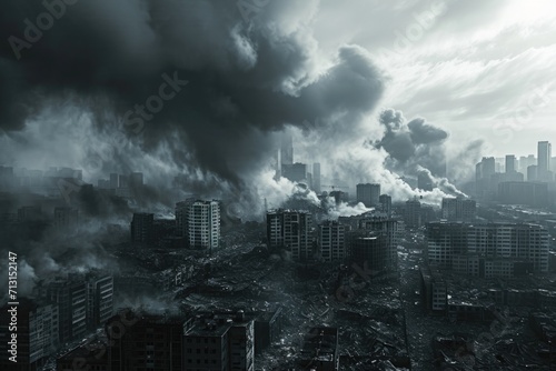 A captivating black and white photo capturing a cityscape engulfed in billowing smoke. This image can be used to depict urban pollution, environmental concerns, or the aftermath of a disaster