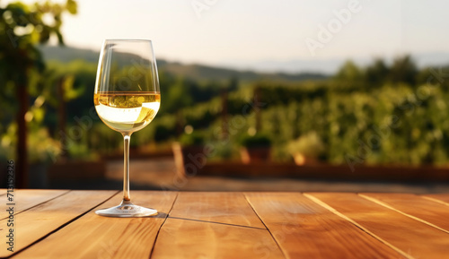 Elegant glass of white wine on blurres background with wine grapes in winery. Young wine. Generative AI photo