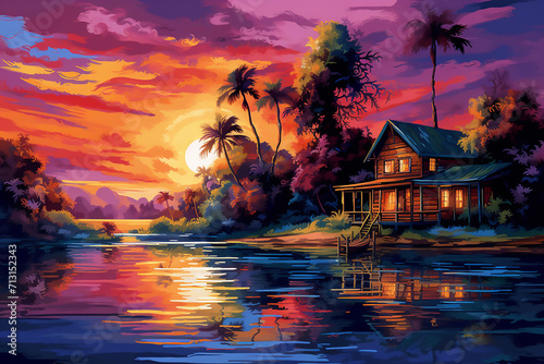 Beautiful sunset painting with boats, rivers, houses and trees. © Farjana CF- 2969560