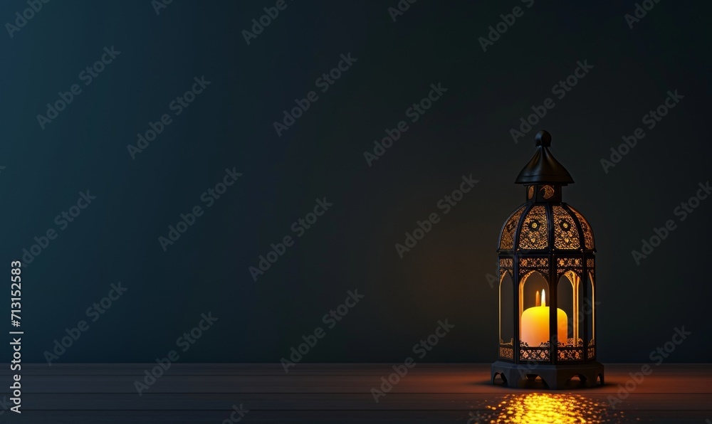 Ramadan Kareem Lantern on Dark Starry Background with Copy Space