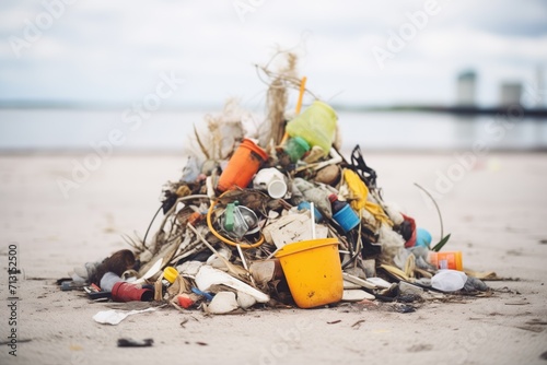 pile of garbage gathered from a beach cleanup day