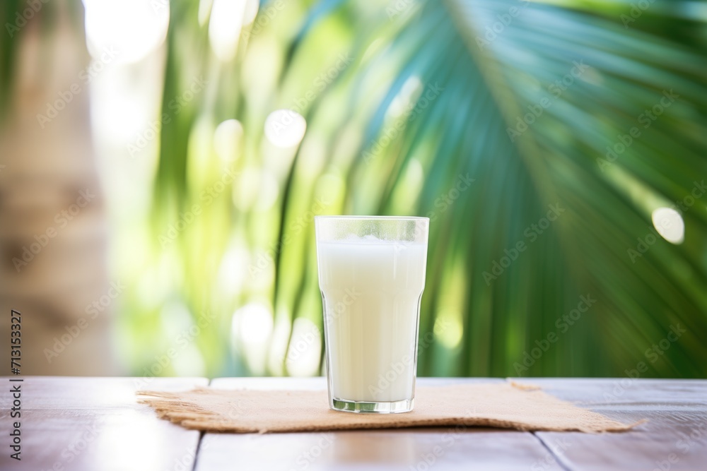 clear glass of coconut water with a backdrop of palm leaves clear glass of coconut water with a backdrop of palm leaves