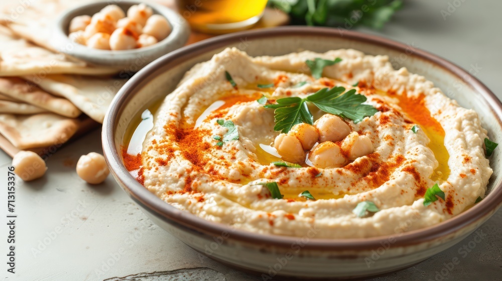 Traditional Classic Hummus on a plate. Food photography. Proper nutrition