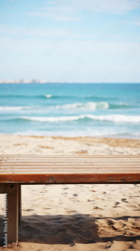 Wooden table ocean bokeh background, empty wood desk surface product display mockup with blurry sea water sunny beach abstract summer travel backdrop advertising presentation. Mock up, copy space.