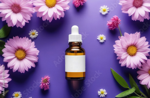 blank glass essence oil bottle  top view  flatlay composition. natural cosmetics  aromatherapy