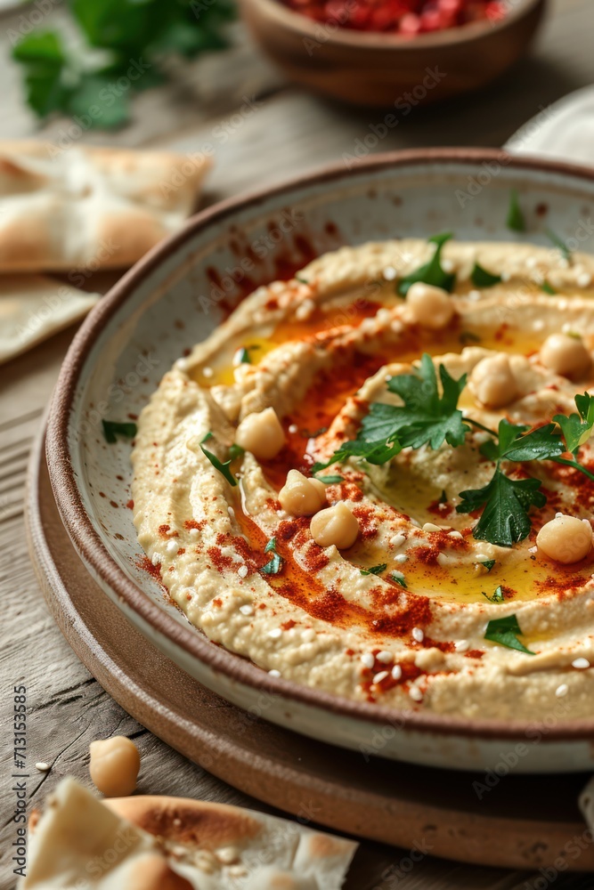 Traditional Classic Hummus on a plate. Food photography. Proper nutrition Traditional Classic Hummus on a plate. Food photography. Proper nutrition